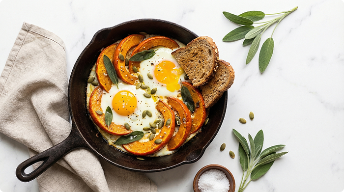 Uova al forno con zucca, salvia e pane integrale